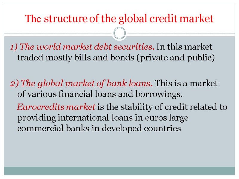 The structure of the global credit market 1) The world market debt securities. In